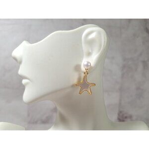 Mother of Pearl Starfish Stud Earrings, 14K Gold Plated Pearl Cute White Rabbit